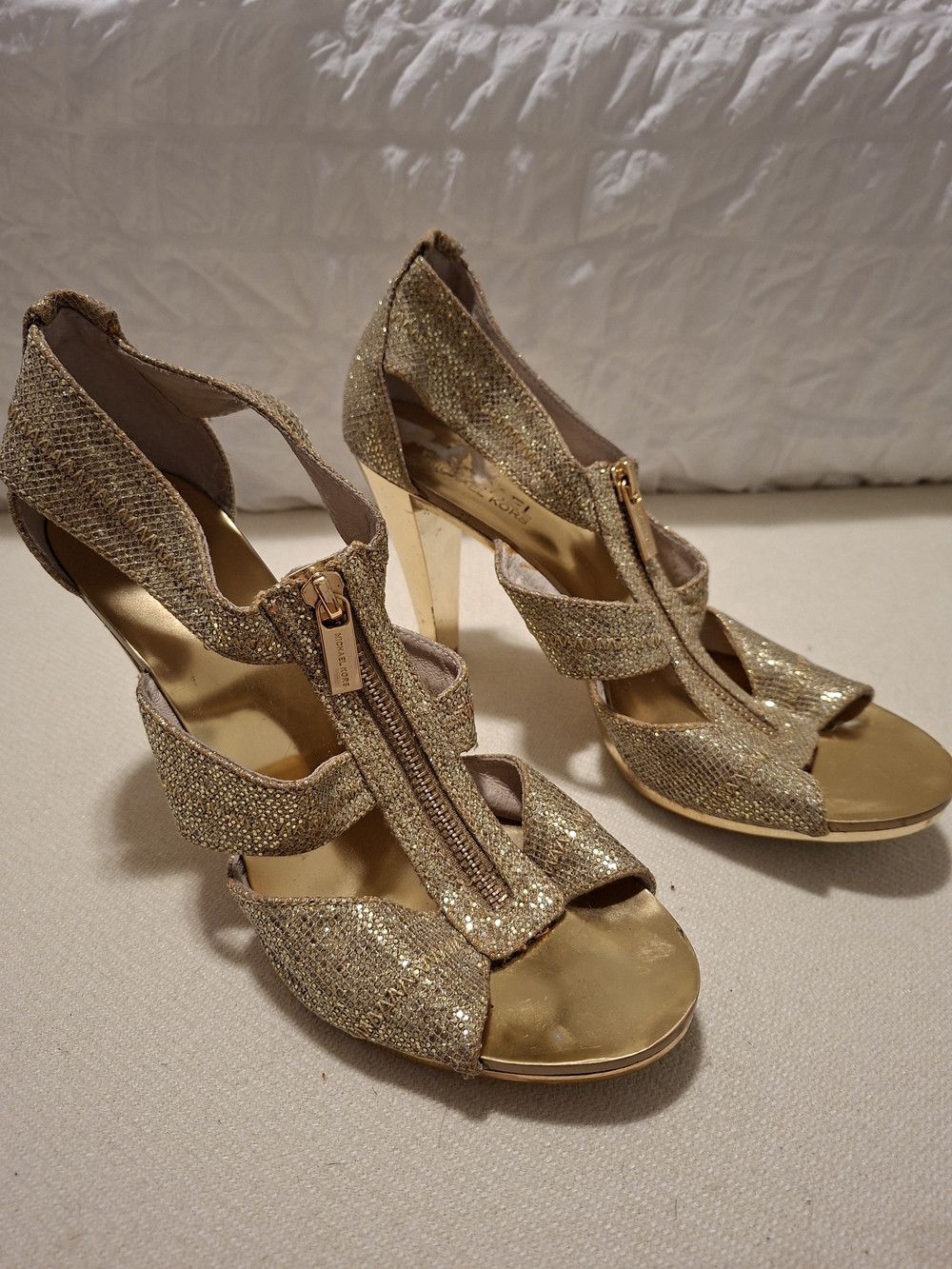 Michael Kors Gold Metallic Glitter Zip-Front Heeled Sandals, Size 8M
